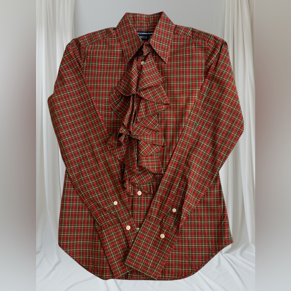 Ralph Lauren Red Plaid Ruffle Front Button-Down Shirt